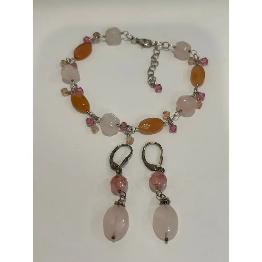 Sterling Silver, Quarts, Faceted Glass Beaded Bracelet Earrings Set